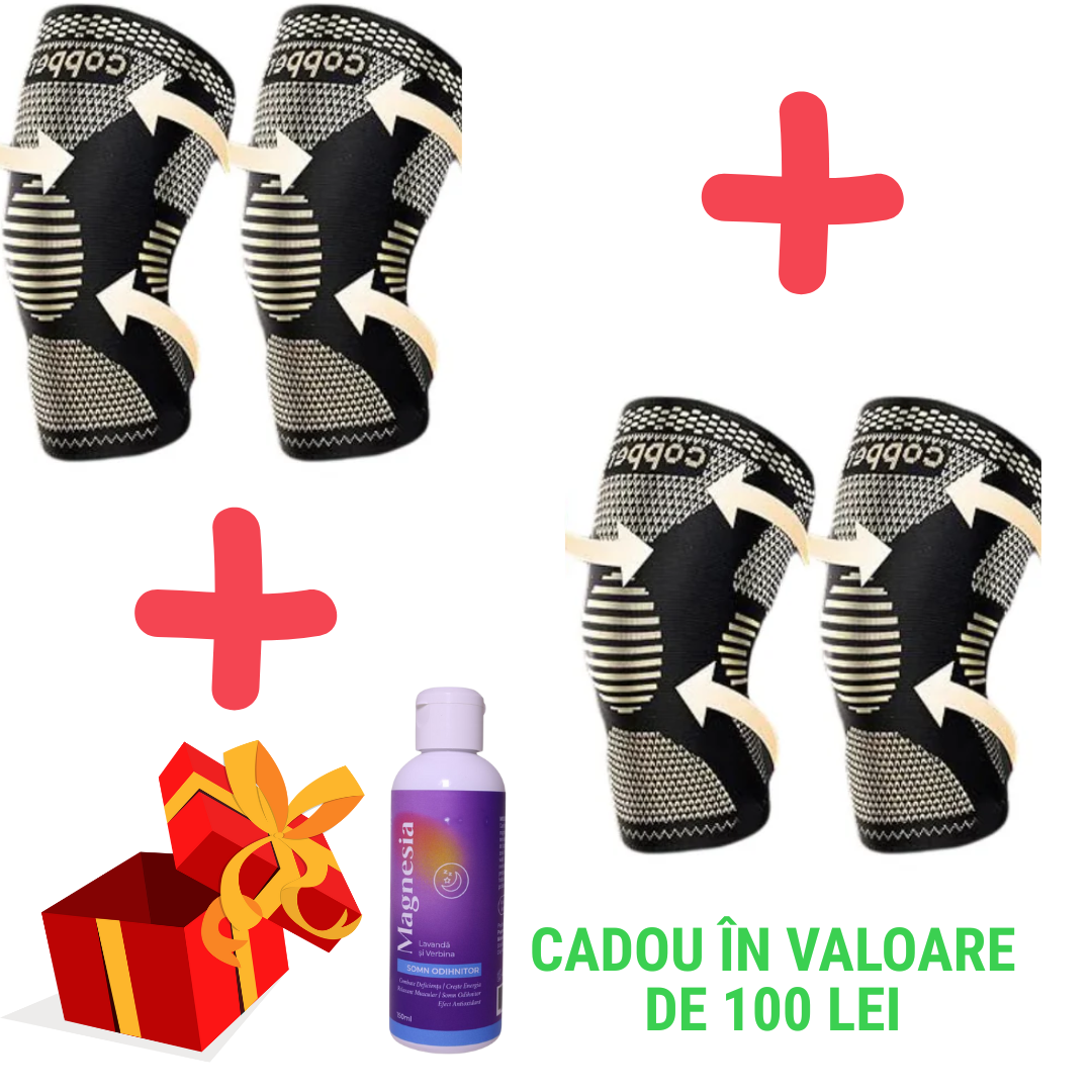 2 Genunchiere terapeutice cu fir de cupru + 2 Gratis + Gel REUMACALM cadou