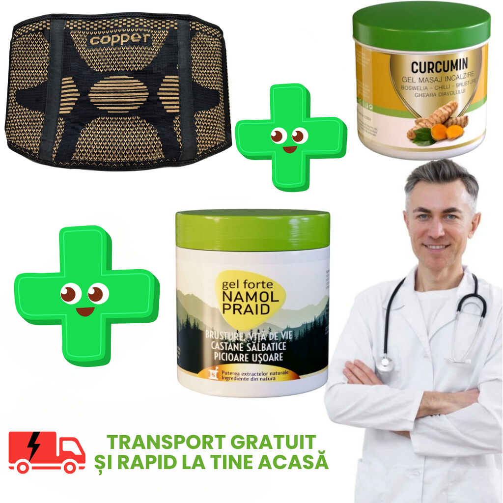 Pachet 1 x Centură Ortopedică cu Cupru + 1 Gel Nămol + 1 Gel Curcumin